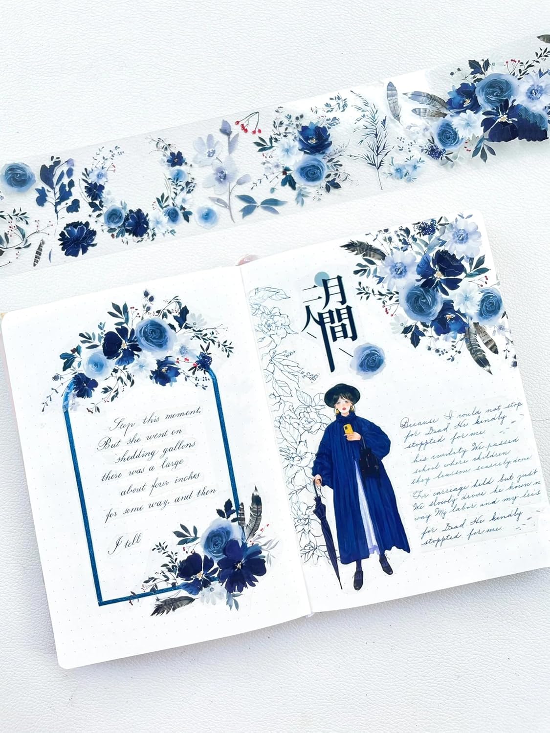 WT Winter Romance Wide PET Tape, 60mm Wide, Single Roll, Floral Decorative Paper Tape, Original Designs for Journaling, DIY Crafts, Planners, Scrapbooks, Card Decoration, Watercolor Blue Flowers