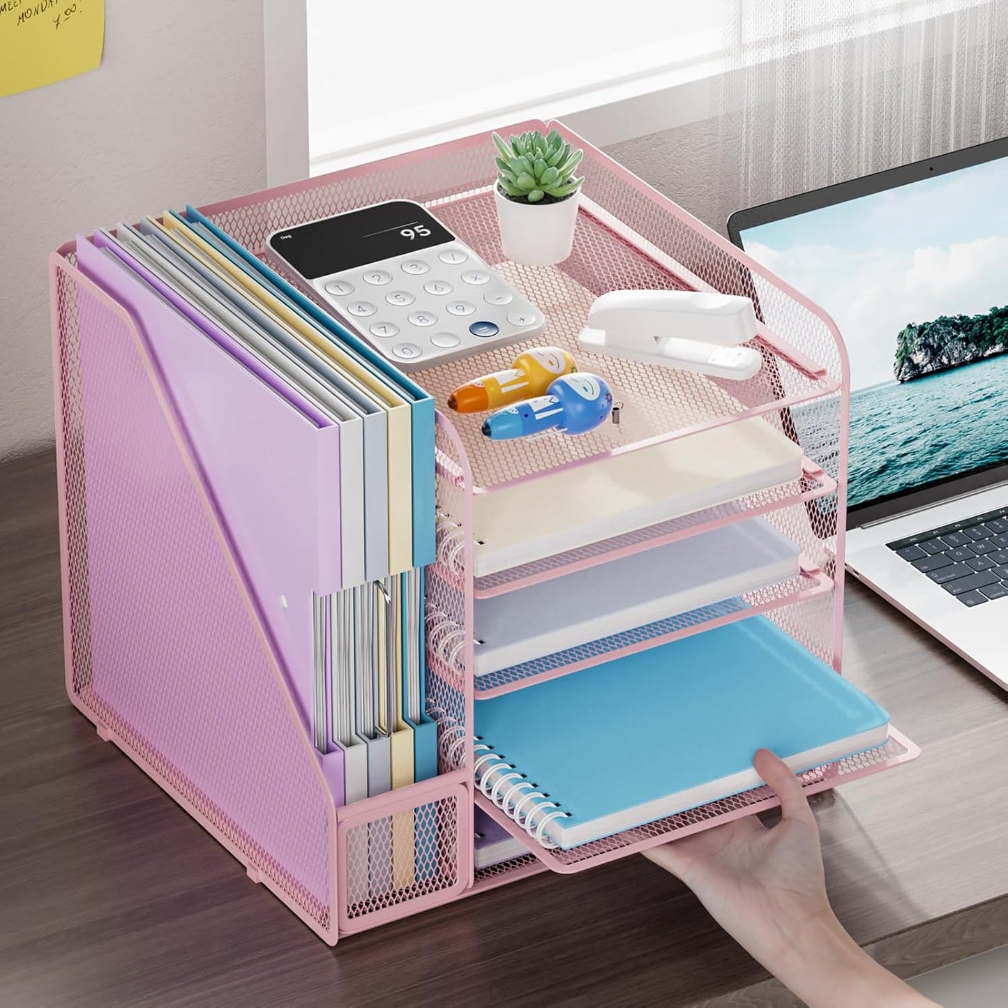 Marbrasse Desk Organizers and Accessories, 5-Tier Paper Letter Tray Organizer with File Holder, Mesh File Organizer, Office Desk Accessories & Organization for Supplies (Pink)