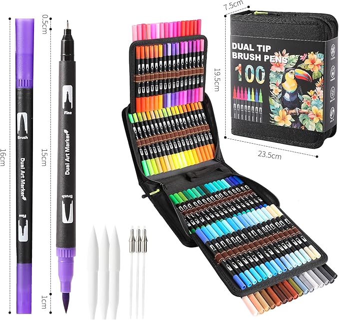 Double Brush Marker Pens, 100 Colors Art Markers Set with Fine Tip and Brush Tip for Kids Adult Coloring Book Hand Lettering Calligraphy Drawing Art Supplies Kit