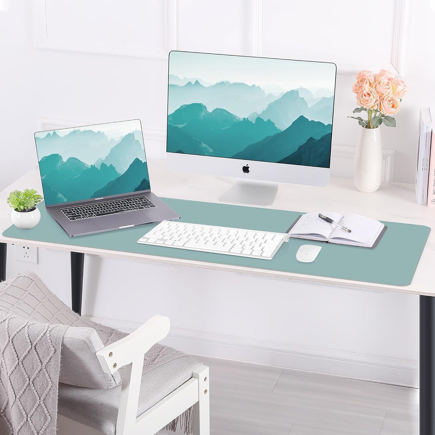 Leather Desk pad Protector, Large Desk mat with Natural Cork & PU Leather,Mouse pad,Non-Slip Office Desk Mat,Waterproof Desk Writing Pad for Office and Home (47in*23.7in, Light Blue)