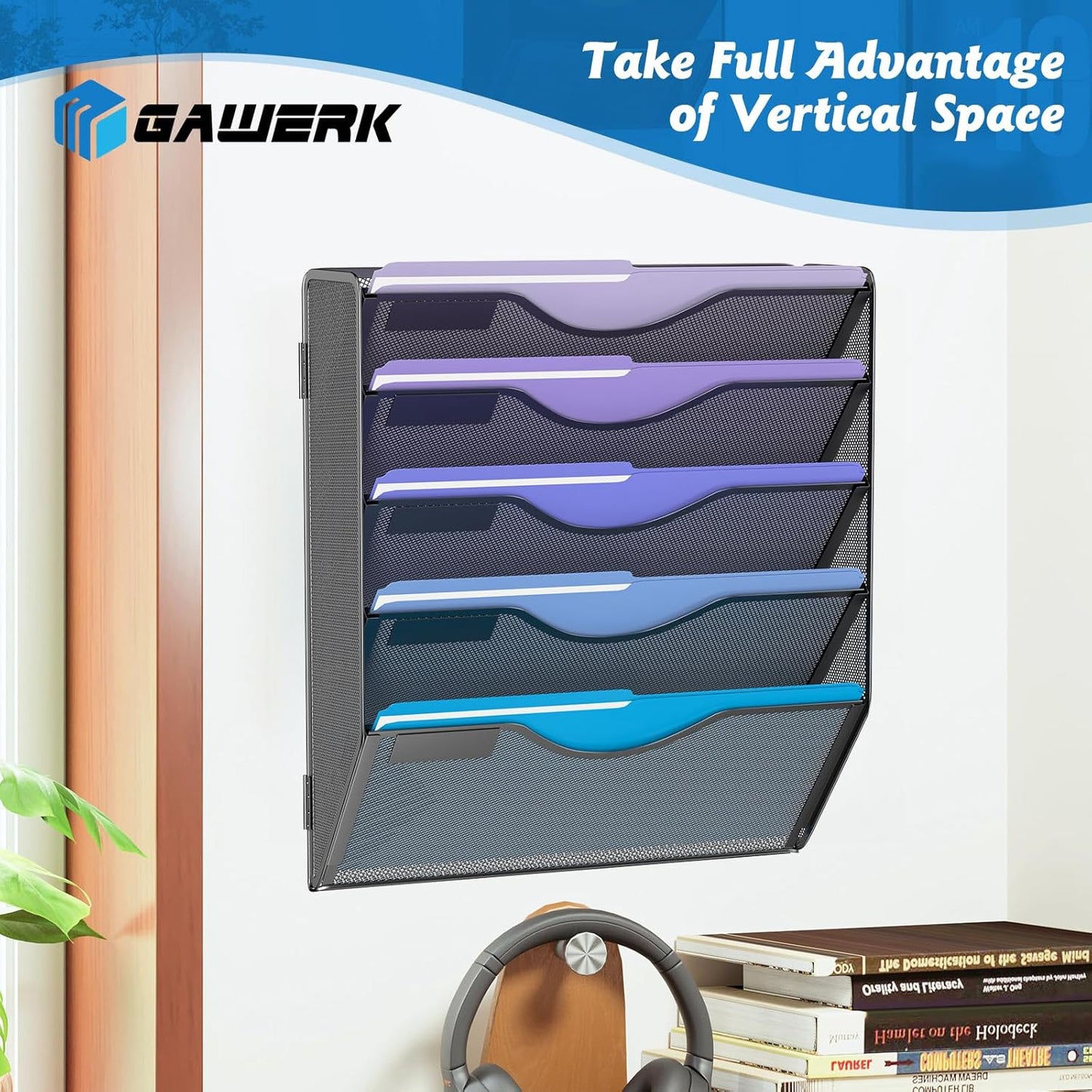 5 Tier Hanging Wall File Organizer, Mesh Mail Paper Orgnization Hanging File Folder Holder for Home Office, Black