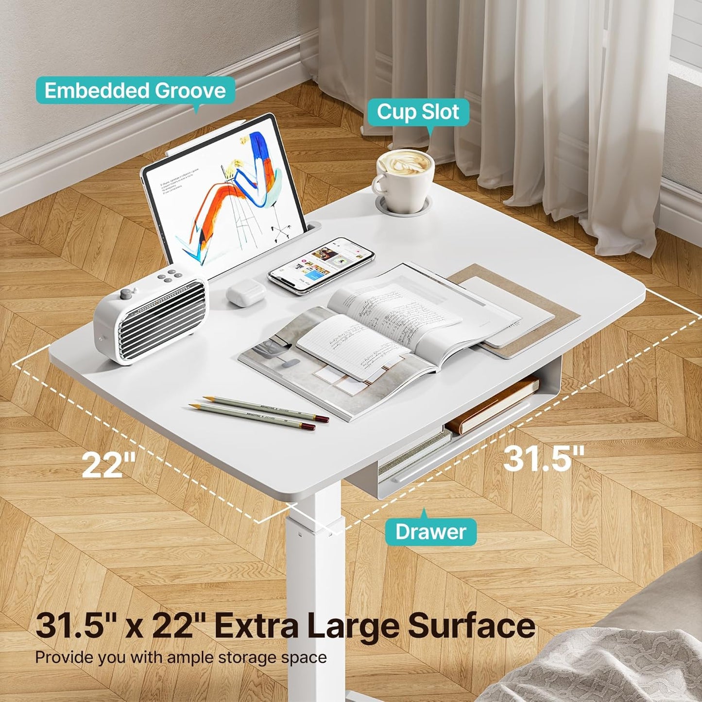 Standing Rolling Desk- 31.5' X 22' Extend Sanding Desk for Classroom, Height Adjsutable up to 44.3' Mobile Laptop Table with Wheels, Moveable Laptop Cart, Teacher Podium with Drawer, White