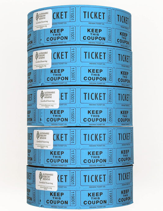 INDIANA TICKET CO. 10,000 Blue CONSECUTIVELY Numbered Raffle Ticket Roll. 5 Rolls of 2,000, for Classroom Rewards, Events, Fundraisers, Door Entry, Raffles, Prizes, Drink/Food Tickets, & More