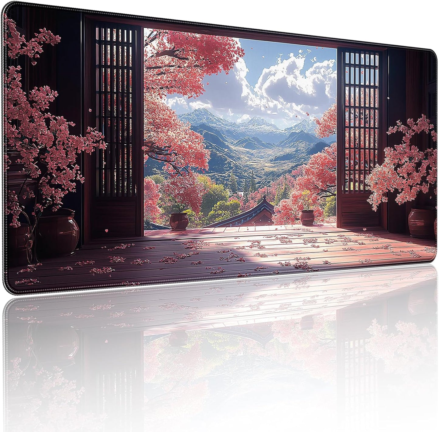 35.4 x 15.7 inches, Large Desktop Mouse pad, Keyboard and Mouse Pads for Work and Home Computers, and Large Laptop Mouse mat，Japanese-Style Cherry Blossom Mountain View