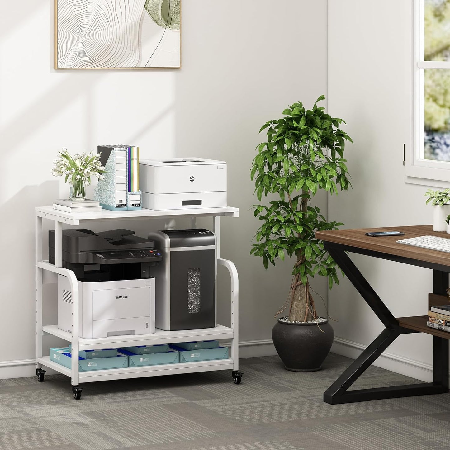 Printer Stand, 32.3" x 18.9" x 32.1" Extra Large Printer Table with Adjustable Storage Shelf, 3 Tier Rolling Printer Cart with Industrial Wheels for Home Office, White