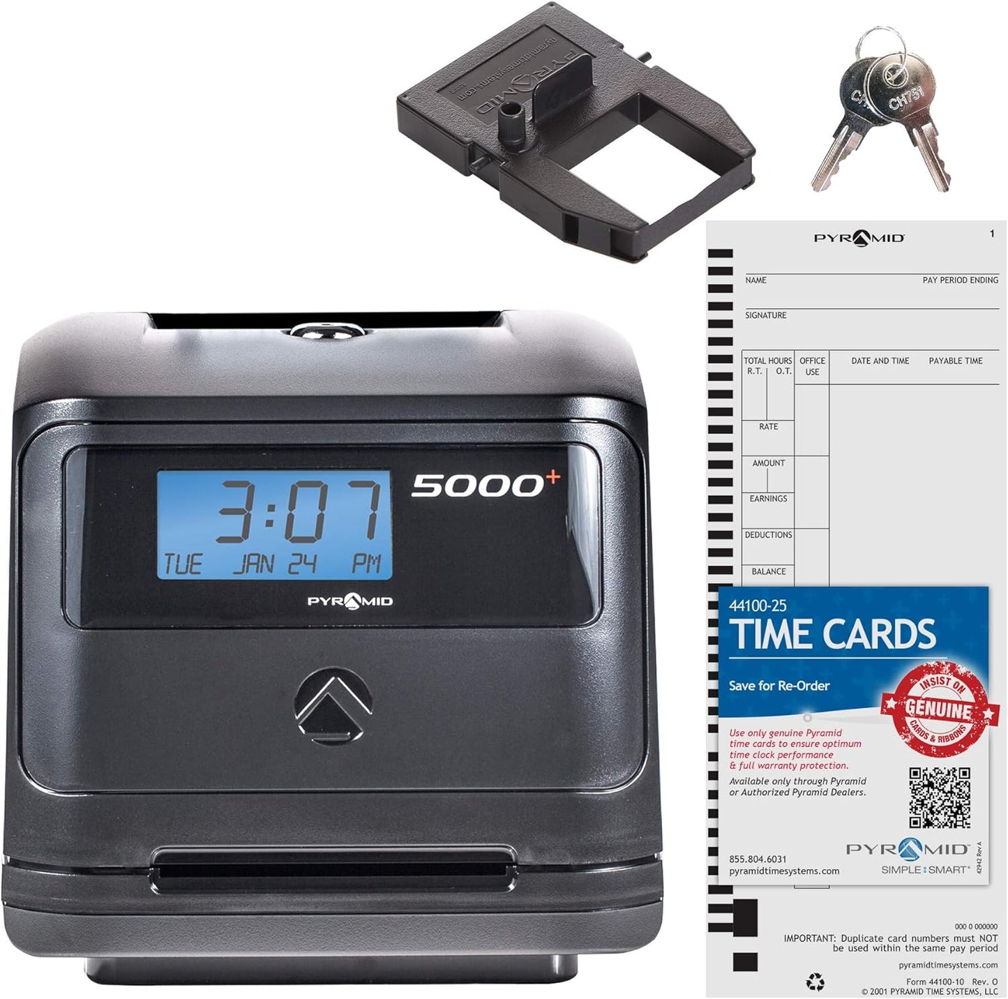 Pyramid Time Systems, Model 5000 Auto Totaling Time Clock, Handles up to 100 Employees, Made in USA, Black & 5000R Genuine Replacement Ribbon for 3550ss, 3600ss, 4000Pro, 5000, 5000HD Time Clocks