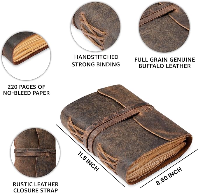 LEATHER VILLAGE Leather Bound Journal - Rustic Brown, 11.5"X8.50", 220 Pages - Vintage Blank Paper Diary for Writing, Drawing, Sketchbook, and Travel Notebook - Ideal for Women and Men
