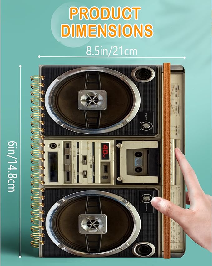 Ruled Spiral Writing Notebook,A5 Hardcover Lined College Journal for Women Lady,Fashion Puppy Watercolor Strong Twin-Wire Binding with Premium Paper,8.4" X 6",Perfect for School,Office,Home Gifts(Tape Recorder Vintage)