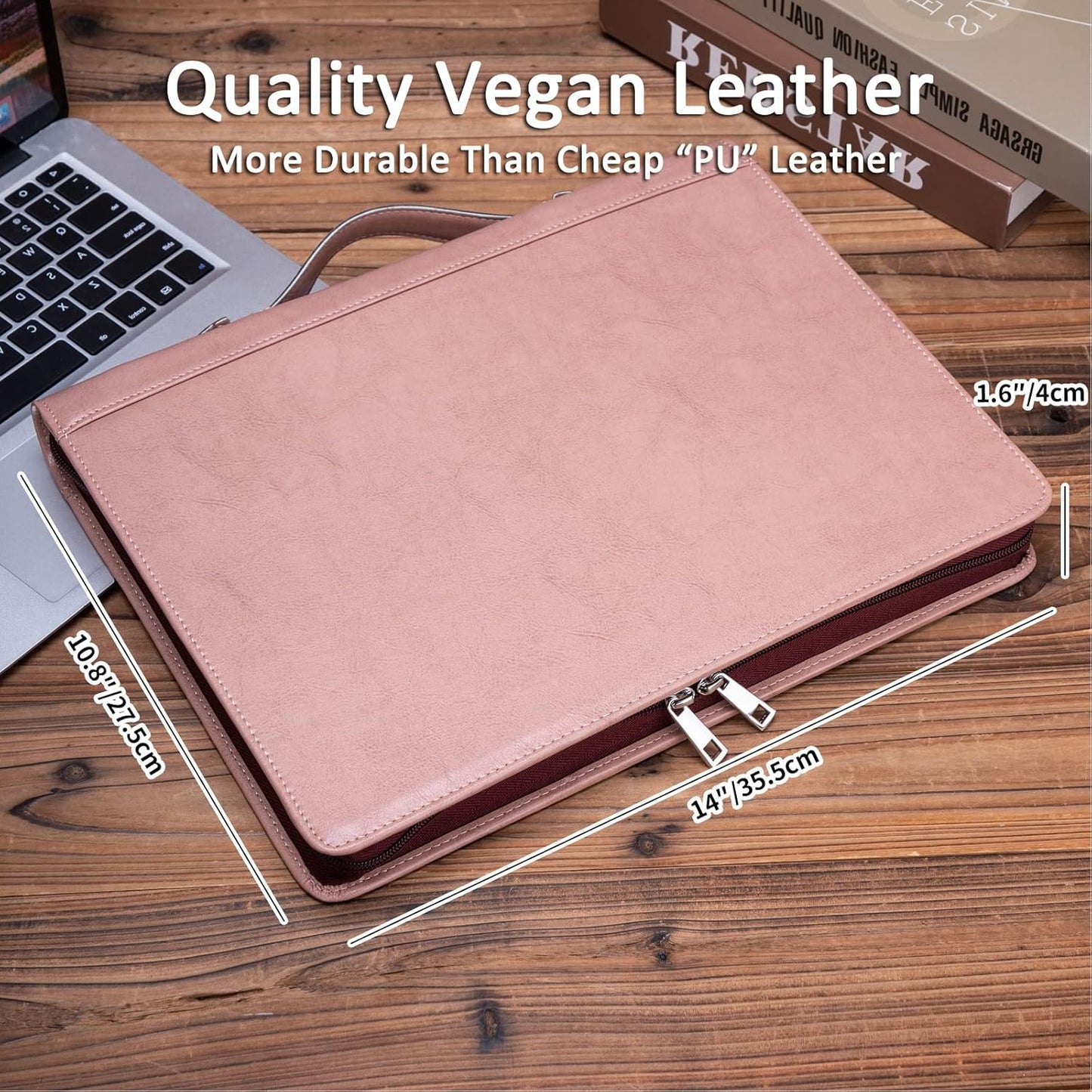 Personalized Vegan Leather Portfolio 3 Ring Binder with Clipboard, Hidden Handle, Custom 8.5 x 11 Zip Padfolio, Business Professional Organizer for Women, Pink