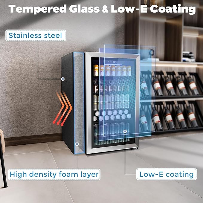 Kndko Beverage Refrigerator Cooler - 130 Can Mini Fridge with Adjustable Shelves, Glass Door, Digital Temperature Control, LED Lighting, Energy Efficient for Home, Office, Bar - 3.2 Cu.Ft, Silver