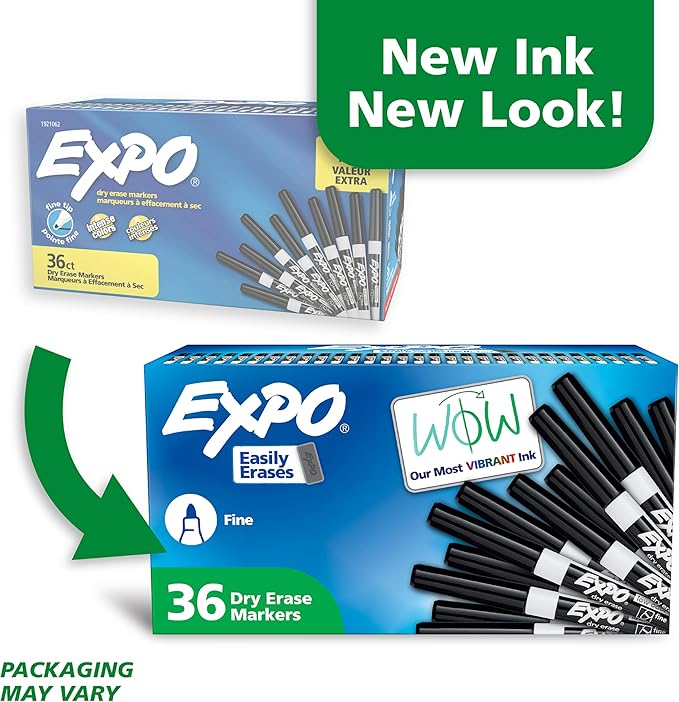 EXPO Fine Tip Dry Erase Markers Low Odor Black Ink 36-Count Set Ideal for Classroom Office and Home Use
