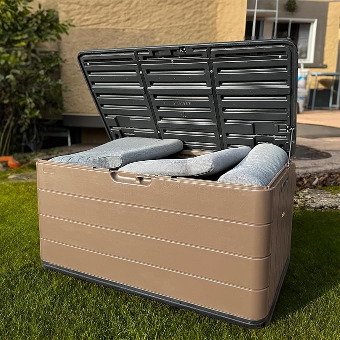 Premium Pro Edition 100 Gallon Lockable Resin Deck Box, Waterproof & UV-Resistant Outdoor Storage Box for Outdoor Cushion Storage, Garden Tools & Pool Accessories Storage, Brown