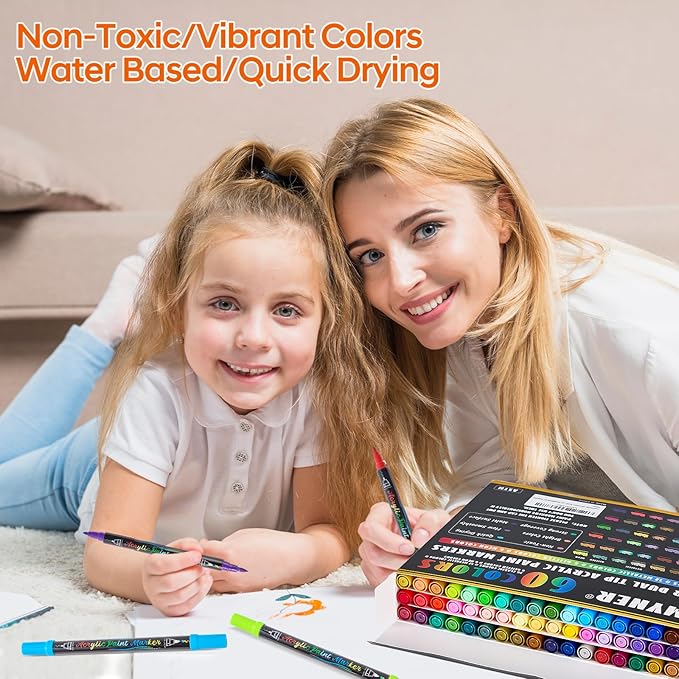 60 Colors Acrylic Paint Pens,Dual Tip Acrylic Markers with Fine Tip and Brush Tip,Acrylic Paint Markers for Rock Painting,Fabric,Crafts,Wood,Glass,Canvas,Plastic,Scrapbook,Art Supplies