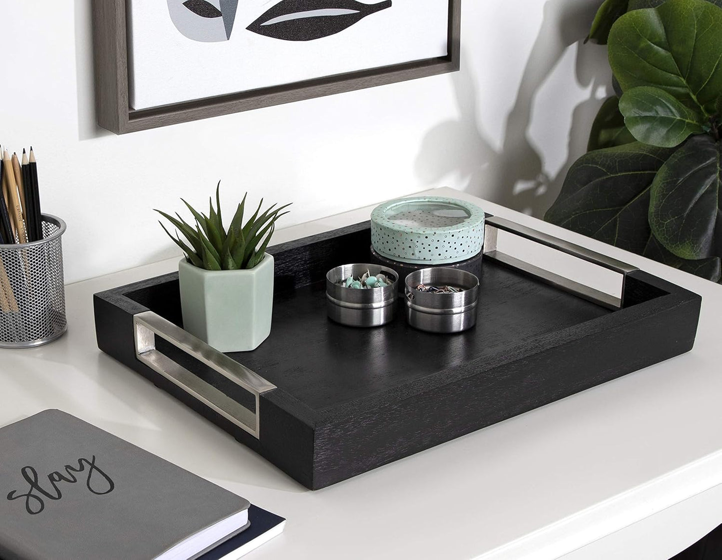 Kate and Laurel Heller Modern Rectangular Tray, 12 x 16, Black, Wood Tray for Storage and Display