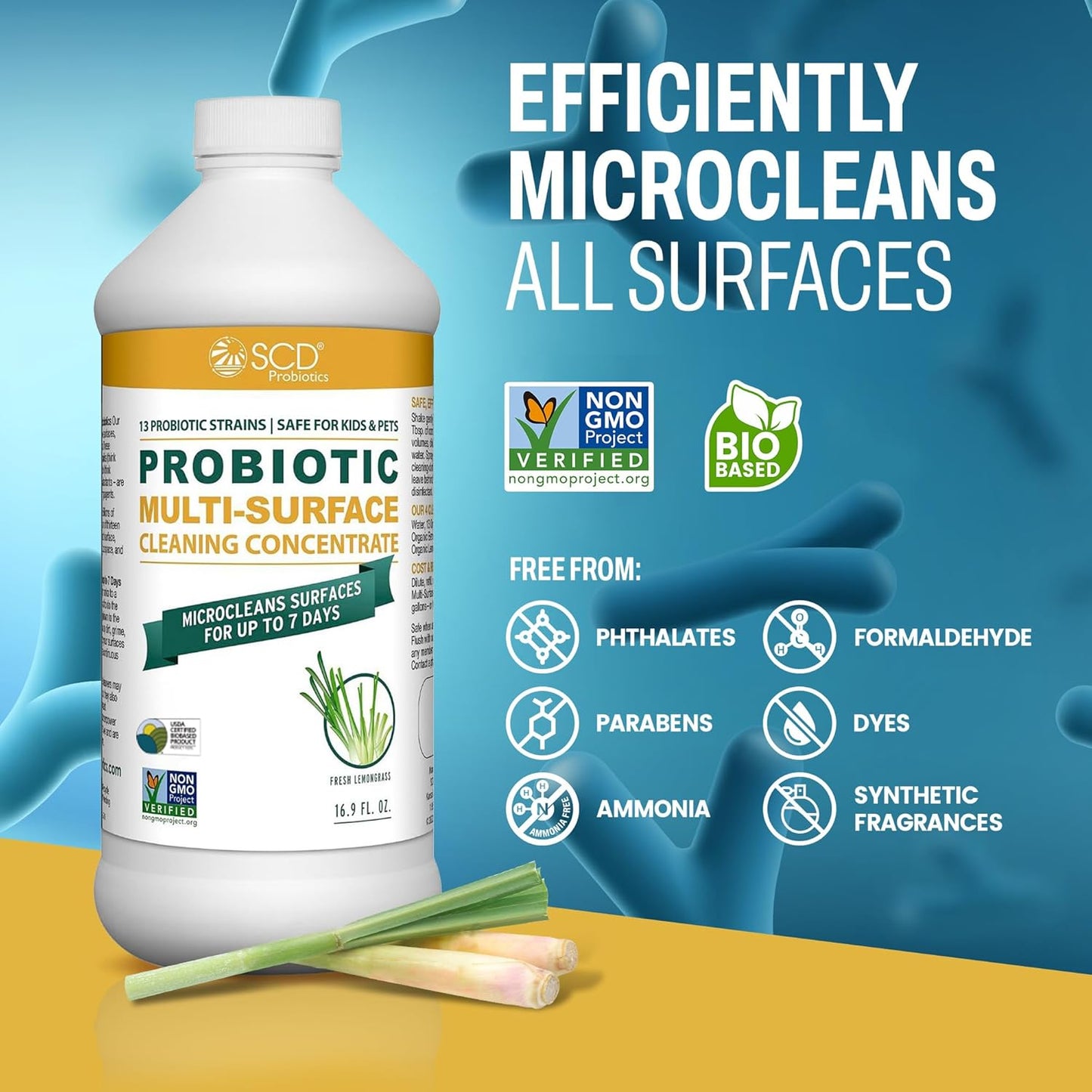 Probiotic Multi-Surface Cleaning Concentrate, Lemongrass – USDA Certified Biobased, Microcleans Surfaces for Up to 7 Days, Refill Bottle Makes 2 Gal Probiotic Spray Cleaner – 17 Fl Oz.
