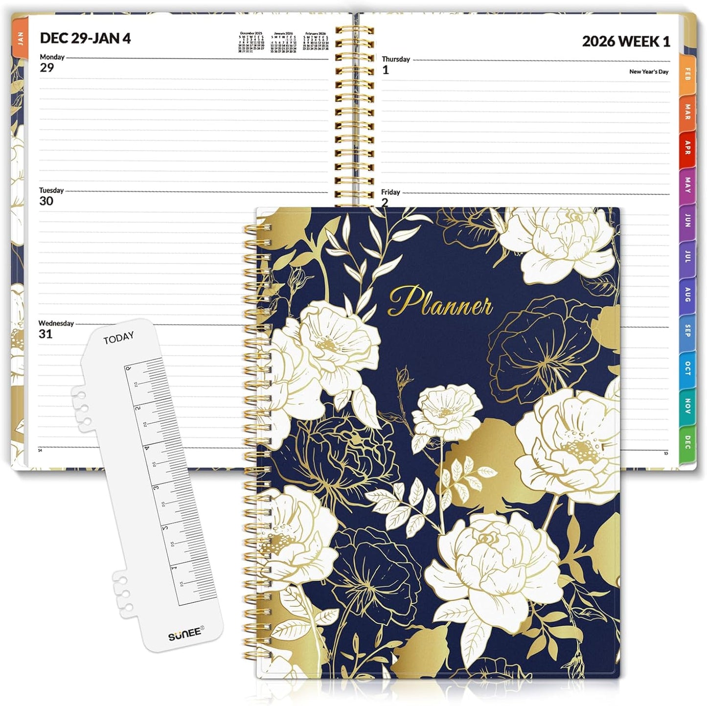 SUNEE 2026 Weekly and Monthly Planner - from January 2026 - December 2026, 8.5"x11" Daily Agenda Planner with Monthly Tab, Flexible Cover, Note Pages, Pockets, Bookmark, Spiral Binding, Dark Blue