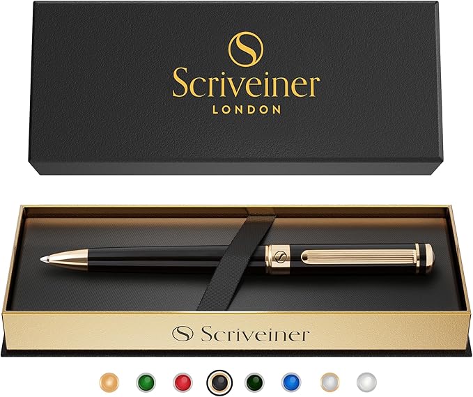 Scriveiner Black Lacquer Ballpoint Pen -Stunning Luxury Pen, Real Gold Plating, Schmidt Black Refill, Best Gift Set for Men & Women, Professional Executive Office, Nice Fancy Designer Pens