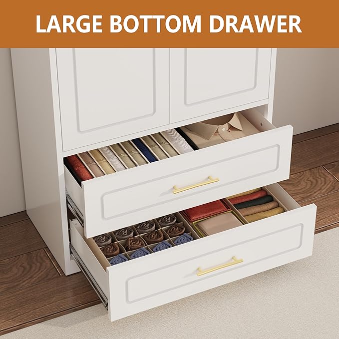 Metal Armoire Wardrobe Closet witih Two Drawers, 71" Tall Large Wardrobe Cabinet with Hanging Rod, Clothing Storage Cabinet with Doors and Shelves for Bedroom, White, Assemble Required