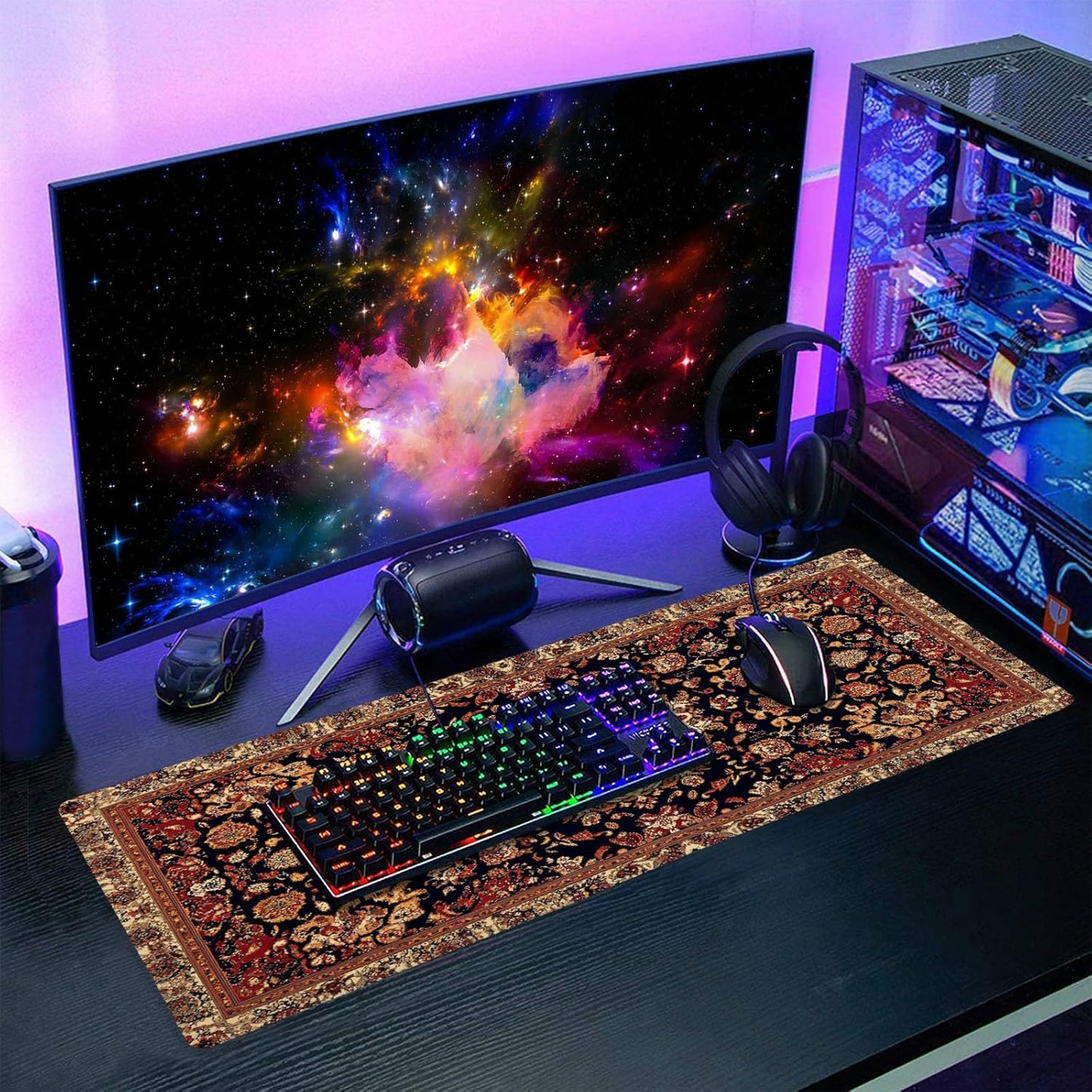 Vintage Rug Gaming Mouse Pad XL Dark Brown Retro Carpet Aesthetic Extended Large Mat Mousepad Desk Pad Non-Slip Rubber Base Stitched Edge Flower Keyboard Pad Playmat for Computer,31.5×11.8 Inch