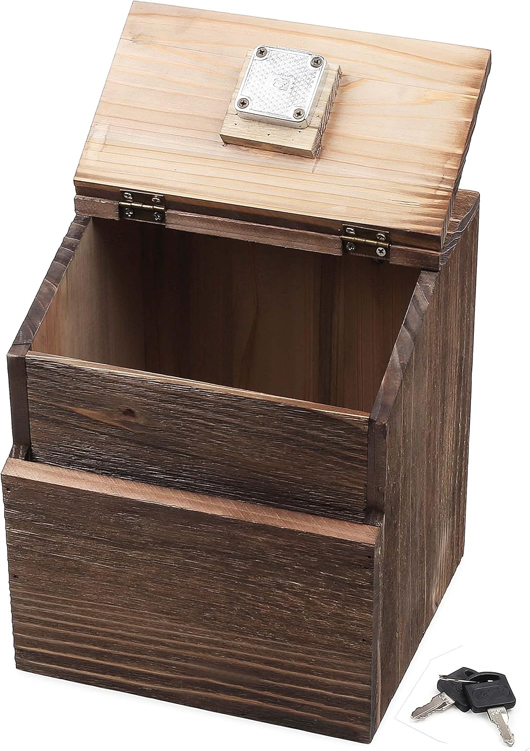Wood Charity Donation collection Box Office suggestion Ballot Box With wide slot for envelopes and suggestion comment forms, Pocket and Locking Hinged Lid & Pen for Table Or Countertop(Rustic-Brown)