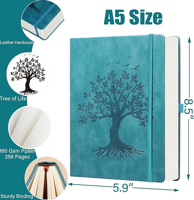ZXHQ A5 Bullet Dotted Journal Notebook - 150gsm Thick Paper, 256 Pages, Dot Grid Hardcover, Tree of Life Design, Fine Inner Pocket - 5.9" × 8.5" SeaGreen