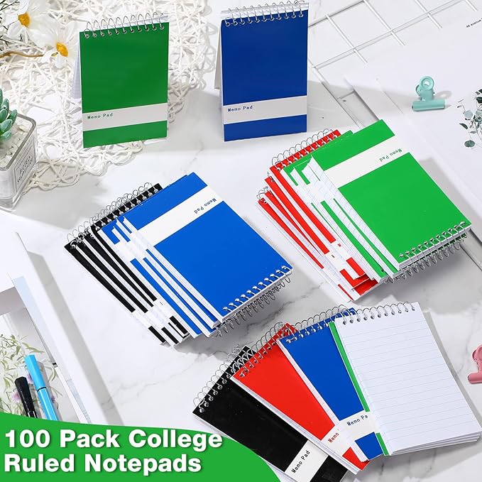 Thenshop 148 Pads Spiral Memo Bulk 3'' x 5'' Top Bound Memo Book 60 Sheets Small Mini Notebooks Lined Wire Bound Pocket Steno Book for Home, Office, School (Black,Green,Dark Blue,Red)
