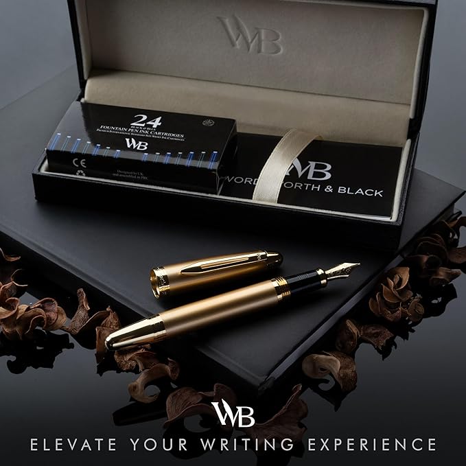 Wordsworth & Black Majesti Fountain Pen-(Gold), Luxury Case, 24K Gold Finish; 18K Gilded Medium Nib- Ink Cartridges, Refillable Ink Converter-Calligraphy Pen-Best Business Gift Set for Men & Women