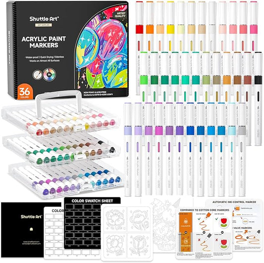 Shuttle Art Automatic Ink Control Acrylic Paint Markers, 36 Colors Brush Tip Acrylic Paint Pens for Rock Painting, Ceramic, Wood, Canvas, Glass, Stone, Fabric, Card Making, DIY & Art Supplies