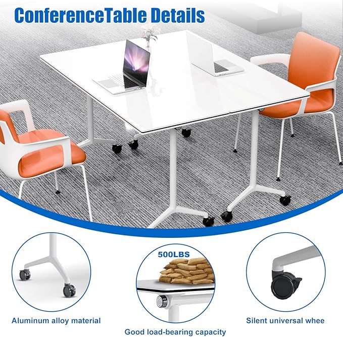 Conference Table, Folding Conference Desk Modern White, Seminar Table with Wheels, 2-10 People for Office, Meeting Break Room (2, 1915, 47IN)