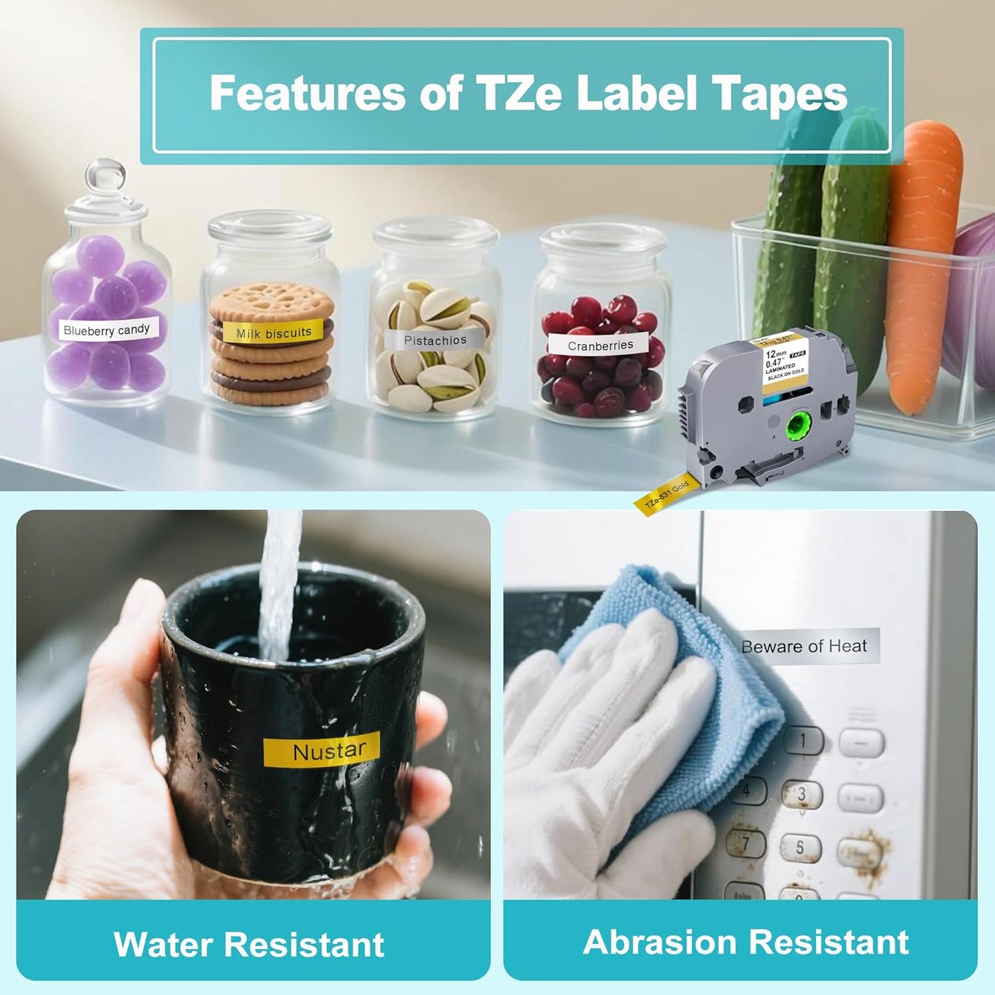 5-Pack Label Maker Tape 12mm 0.47 Inch Laminated White/Gold/Silver Muti-Color Replace for Brother TZe TZ Tape TZe-231 TZe-831 TZe-931 Compatible with Brother P-Touch PT- D210 D220 H110 D400AD