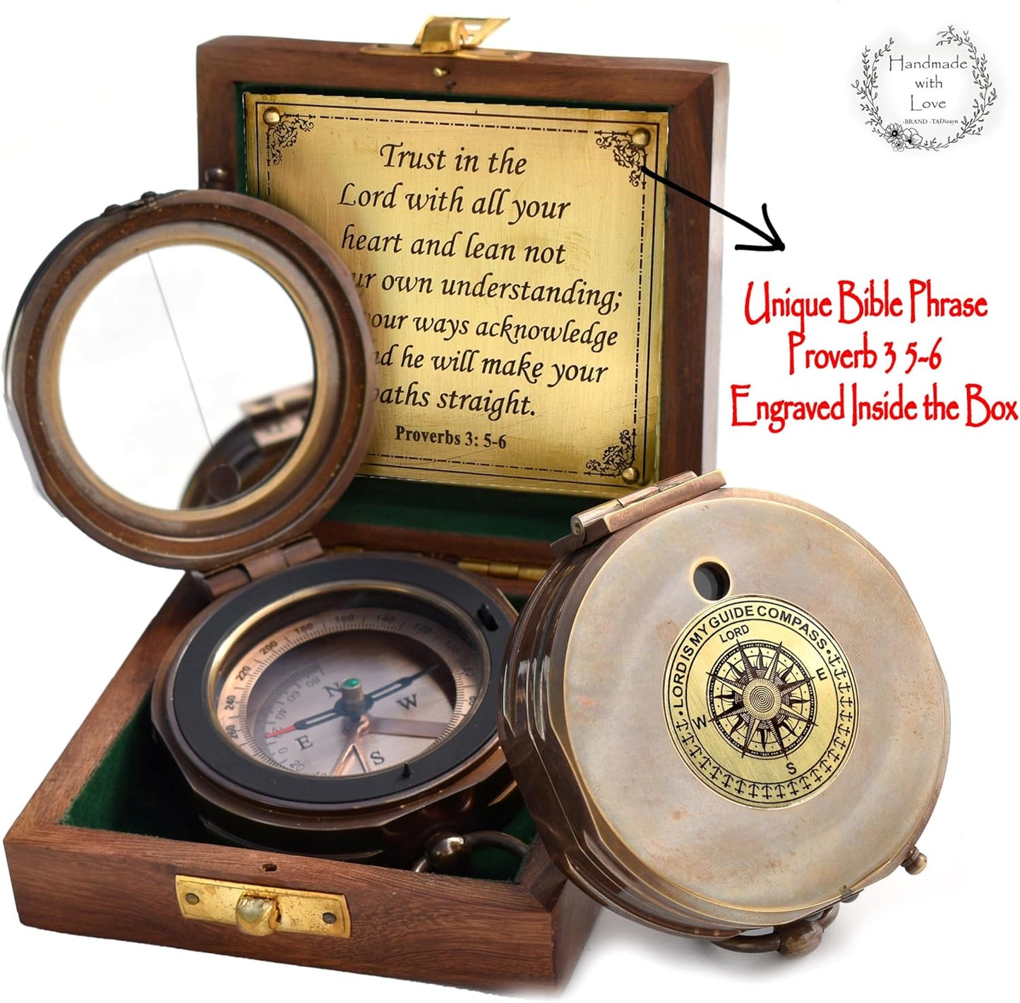 Trust in The Lord With All Your Heart - Proverbs 3:5-6 Quote Engraved Compass With Wooden Box, Greeting Card, Gift Compass, Graduation Day Gifts 2024 for Women Men Boys Girls
