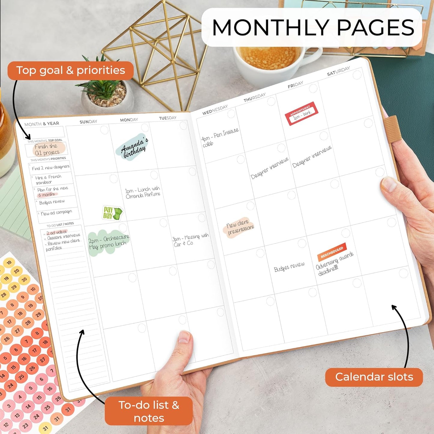 Clever Fox Appointment Book – Hourly Schedule Planner with 15-Minute Increments – Time Box Planner for Daily Work & To-Dos – Weekly & Monthly Spreads, Undated, Hardcover, 8.3x11″ (Sandstone)