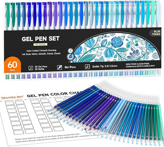 Shuttle Art 60 Pack Blue Tone Gel Pens, 30 Blue Tone Gel Pens with 30 Refills for Adults Coloring Books Journaling Drawing Nature, Landscapes, Animals Scenes