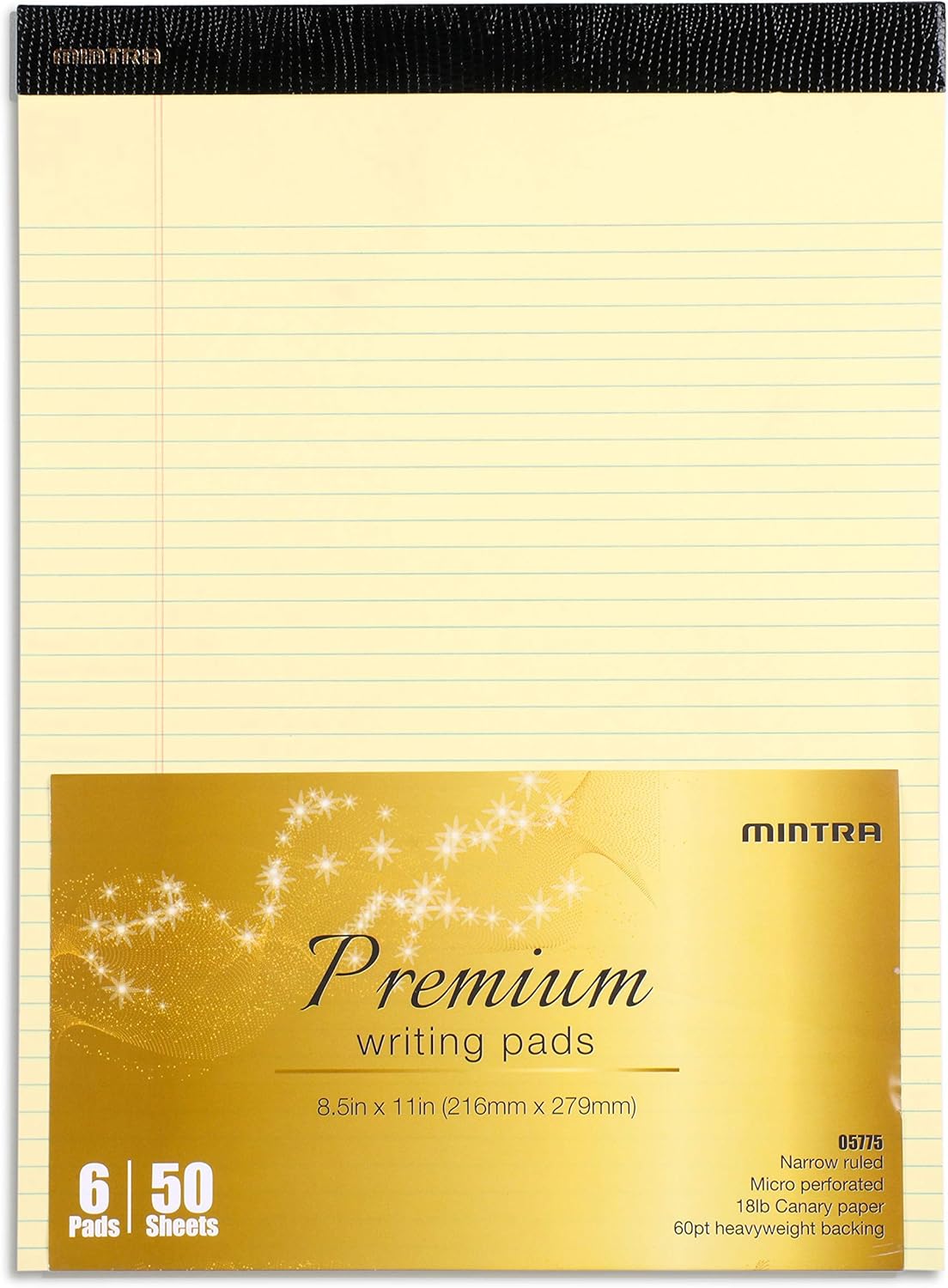 Mintra Office Legal Pads, ((xPremium, 8.5in x 11in, Narrow (Canary), 36pk (6-6pks)), Narrow Ruled, 50 Sheets per Notepad, Micro perforated Writing Pad, Notebook Paper for School, College, Office, Work