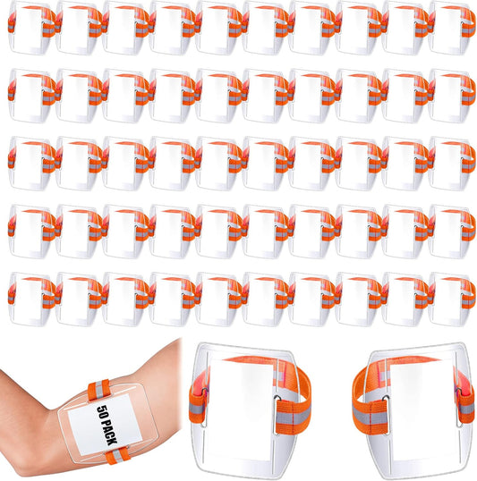 Meanplan 50 Pcs Arm Badge Holder Armband ID Badge Holder Bulk Visibility PVC with Adjustable Belt Elastic Armband Clear Name Tag for Work Pass, Postcards, Universal Size(Orange)