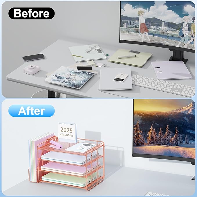 Spacrea Desk Organizers and Accessories, Paper Organizer for Desk with File Organizer, Desk Accessories & Workspace Organizers for Office Supplies (Rose Gold)