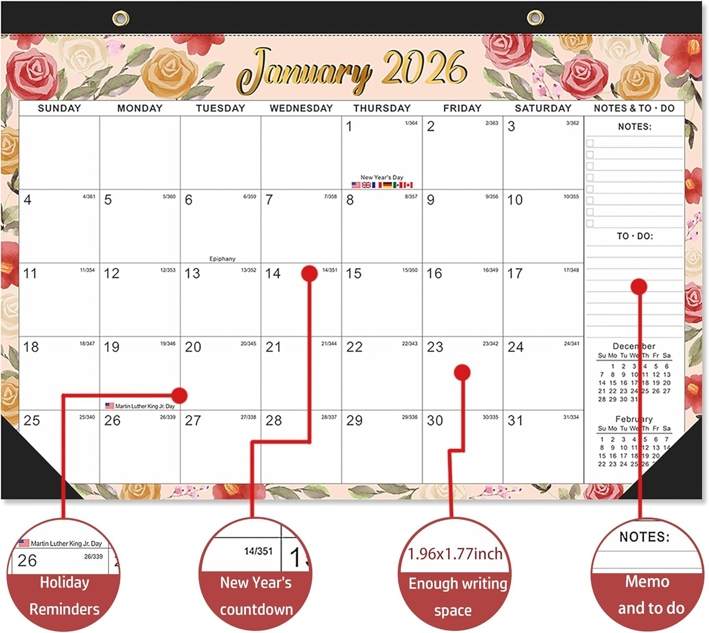 2026-2027 18-Month Large Desk Calendar with 2 Stickers & Hanging Rope - 17"x12" Watercolor Floral Desktop or Wall Calendar | Holiday Marks & Year Countdown | for Office, Homeschool, Teacher Planning (Jan 2026 - Jun 2027)