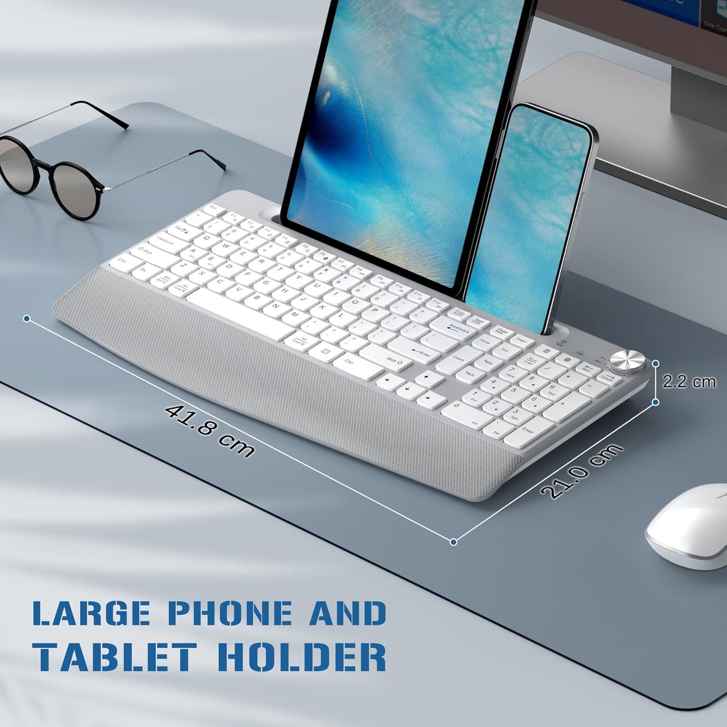 Ergonomic Wireless Keyboard with Wrist Rest-Low-Profile,Phone/Tablet Holder,Quiet Design，Windows & Mac OS，Full Size Cordless USB Computer Keyboard for Desktop,Laptop, PC, Mac, Windows-White