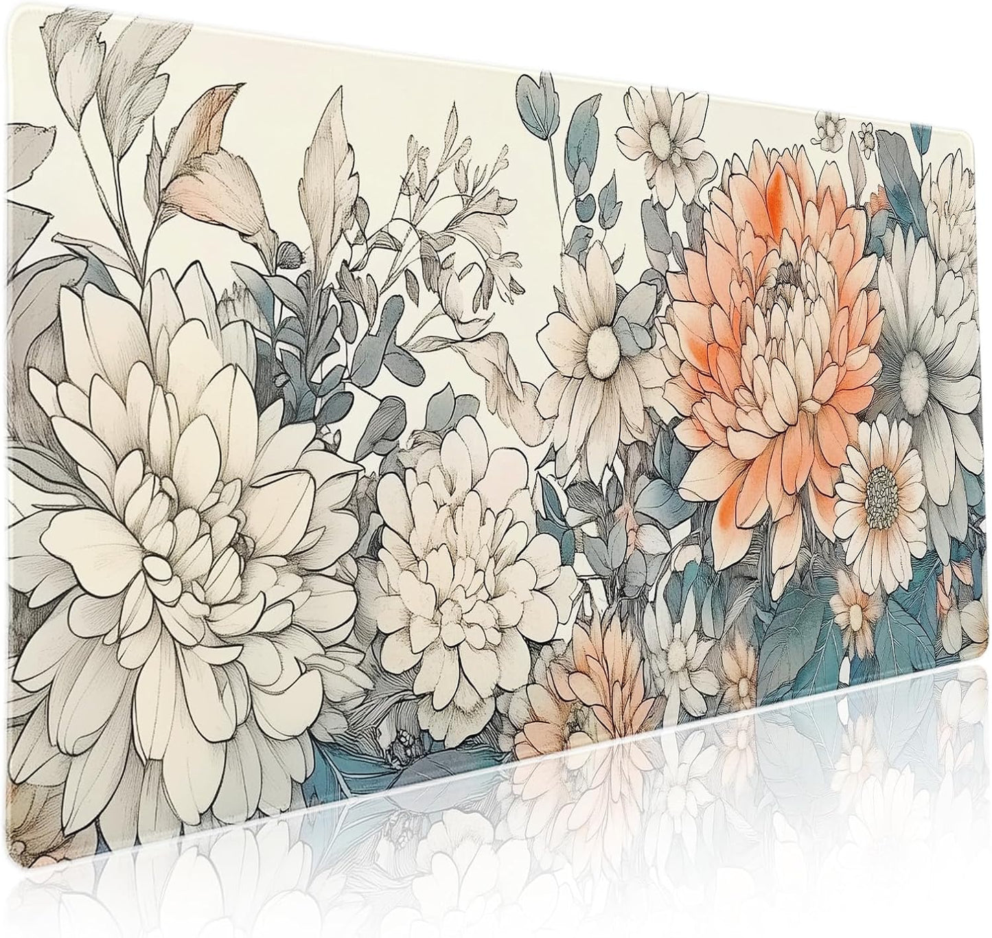 Japanese Aesthetic Floral Gaming Mouse Pad XXL Vintage Orange White Flowers Extended Large Mat Mousepad Desk Pad Non-Slip Rubber Base Stitched Edge Keyboard Pad Playmat for Computer,35.4×15.7 Inch