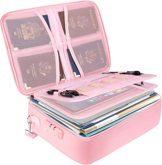 BALEINE Fireproof Document Box with Lock, Portable Fireproof Document Bag Waterproof Fire Proof File Boxes for Documents, File Organizer Box for Important Paperwork (Pink, 15''x11''x4'')