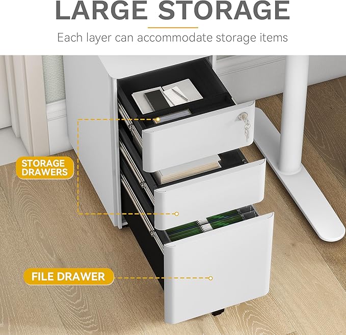 DWVO 3-Drawer Vertical File Cabinet, Mobile Filing Cabinet with Lockable, Pre-Assembled Compact Slim File Cabinet, Portable Office Storage for A4/Letter/Legal Documents (White)