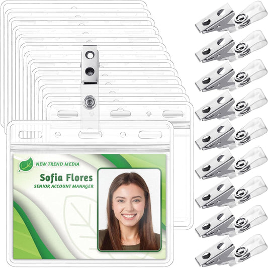 EcoEarth - Horizontal PVC Card Protector with Metal Clips and Vinyl Straps with Soft Edge - Sealable Fits 4x3 inch Inserts - Clear, 100 Pack - Waterproof ID Holder Bulk - ID Card Holder