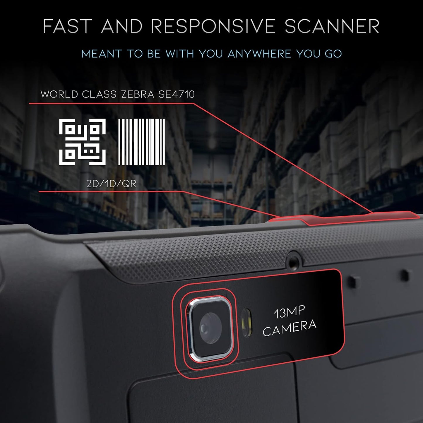 Heavy Duty Android Tablet with Integrated Barcode Scanner, 2D/1D/QR Zebra SE4710 Reader, Android 9, WiFi/GPS/Bluetooth, 8000mAH All-Day Battery (Tablet + Charging Cradle)