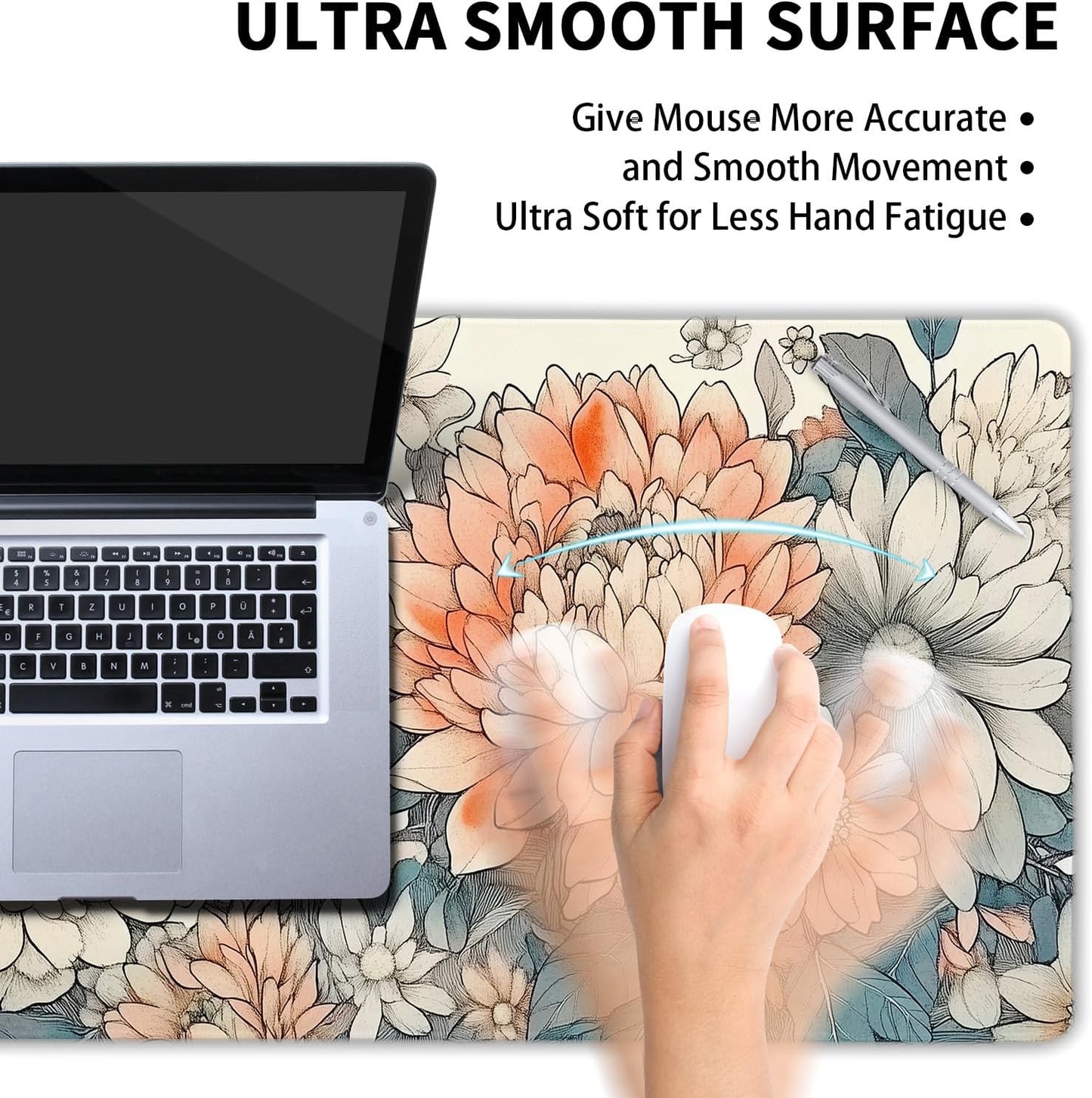 Japanese Aesthetic Floral Gaming Mouse Pad XL Vintage Orange White Flowers Extended Large Mat Mousepad Desk Pad Non-Slip Rubber Base Stitched Edge Long Keyboard Pad for Computer,31.5×11.8 Inch