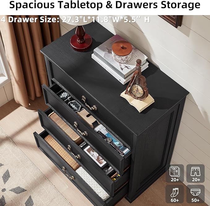 Farmhouse 4 Drawer Dresser for Bedroom, 37" Tall Rustic Chests of Drawers w/ 4 Solid Wood Feet, Mid Century Modern Wooden Closet Storage Dressers Organizer for Living Room, Hallway, Black