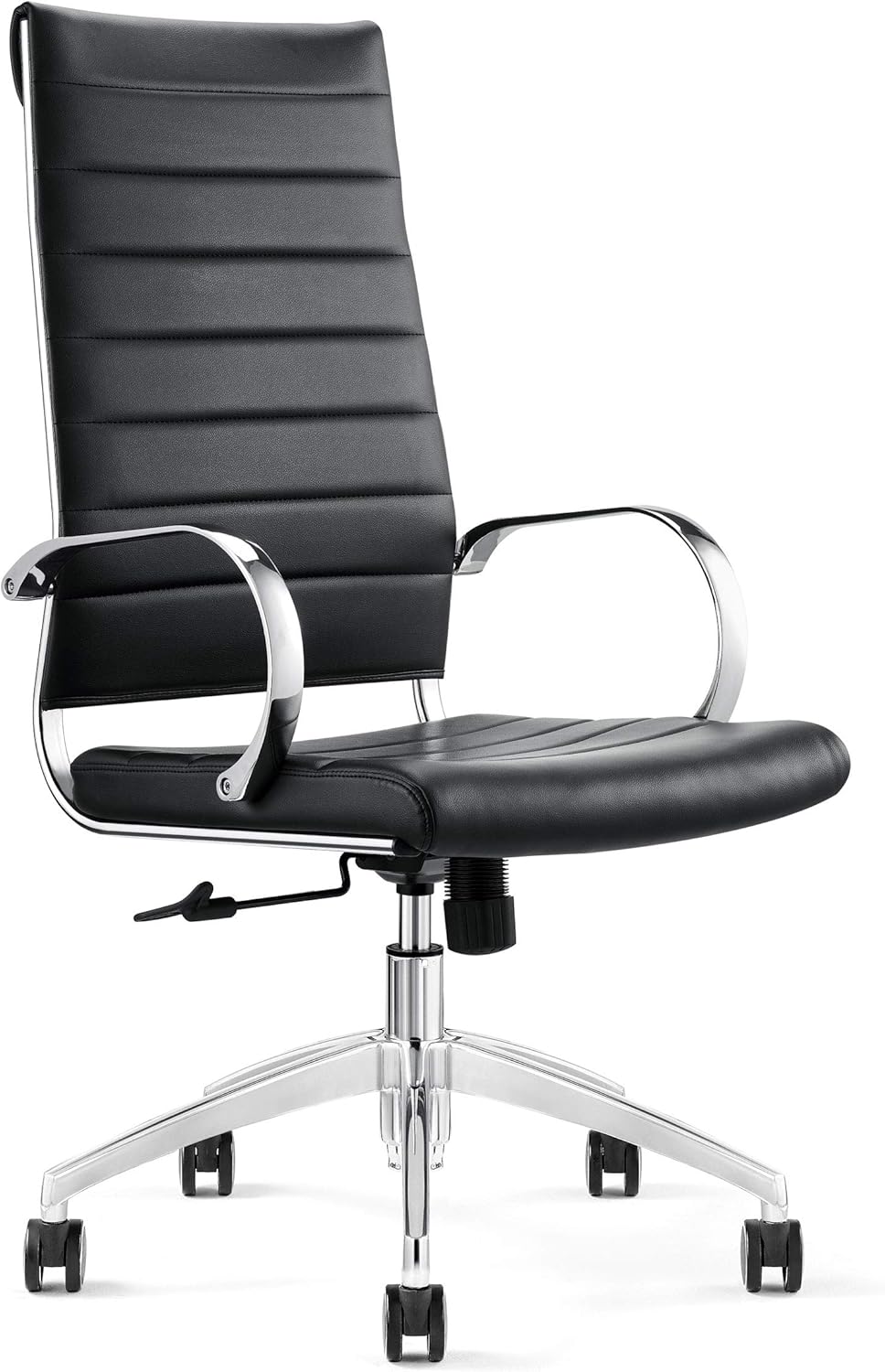 Ribbed High Back Conference Room Chairs - Lumbar Support, Modern Style Executive Chair for Home and Office - 360 Swivel Rolling Wheels - Aluminum Chrome Frame & Base - Black (Pack of 1)