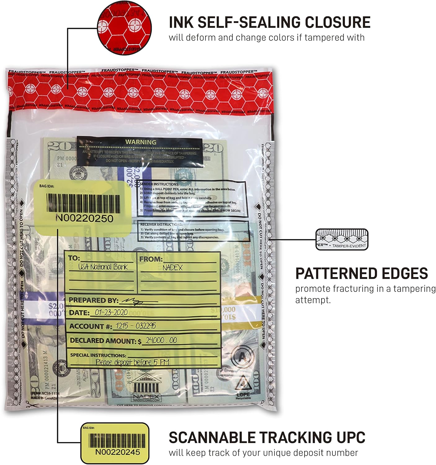 Nadex 9 x 12 Inch Tamper Evident Bank Deposit Bags with FRAUDSTOPPER Level 4 Security, 1000 Pack (Clear)