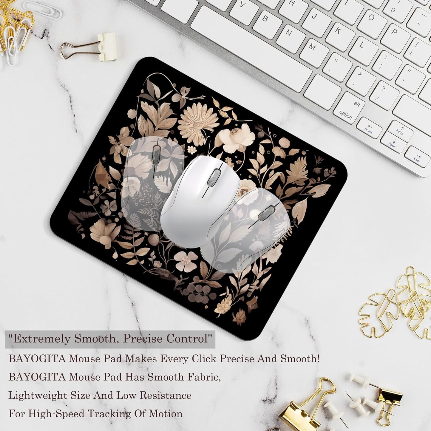 Floral Black Mouse Pad - Vintage Floral Decor Mousepad, Black Boho Flower Office Desk Mouse Pad, Boho Coworker Gifts, Gifts for Flower Lovers, 9.5x8 Inches