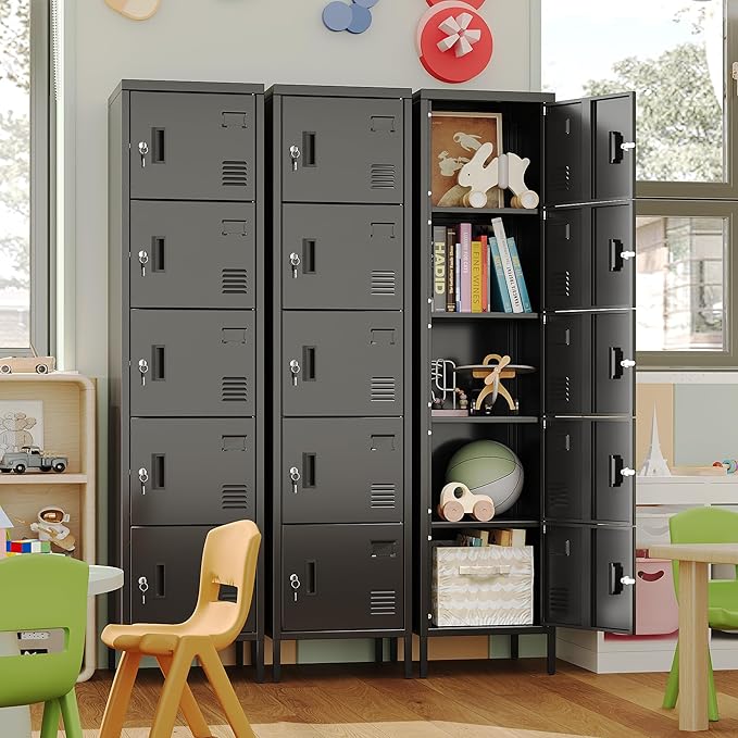 Aobabo 16" W 5 Door Metal Storage Locker with Lock, 66" H Steel Locker with Name Card Holder and Metal Leg for School, Home, Office, Playroom, Assembly Required, Black
