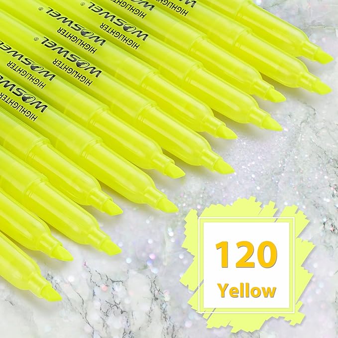 Highlighters Bulk, Woswel 120 Pack Fluorescent Yellow Highlighter Markers Set for Underlining, Color Transparent Visible Fluorescent Pen Shell, Wide Chisel Point Mark,Perfect for Classroom,Office,Home